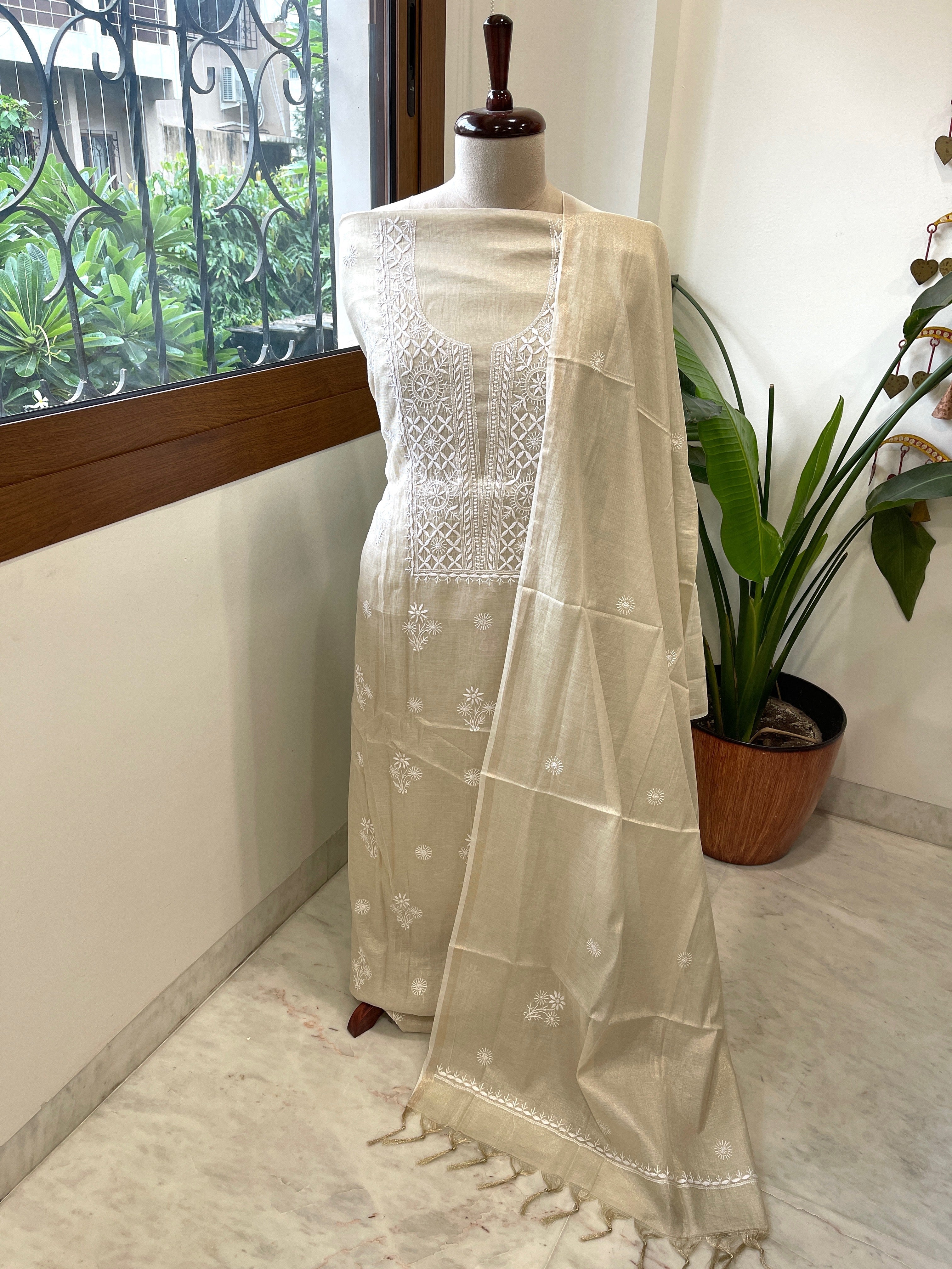 Gold Suit Set with Lucknowi Handwork in Tissue Chanderi - Masakalee