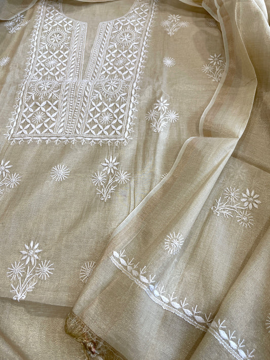 Gold Suit Set with Lucknowi Handwork in Tissue Chanderi - Masakalee