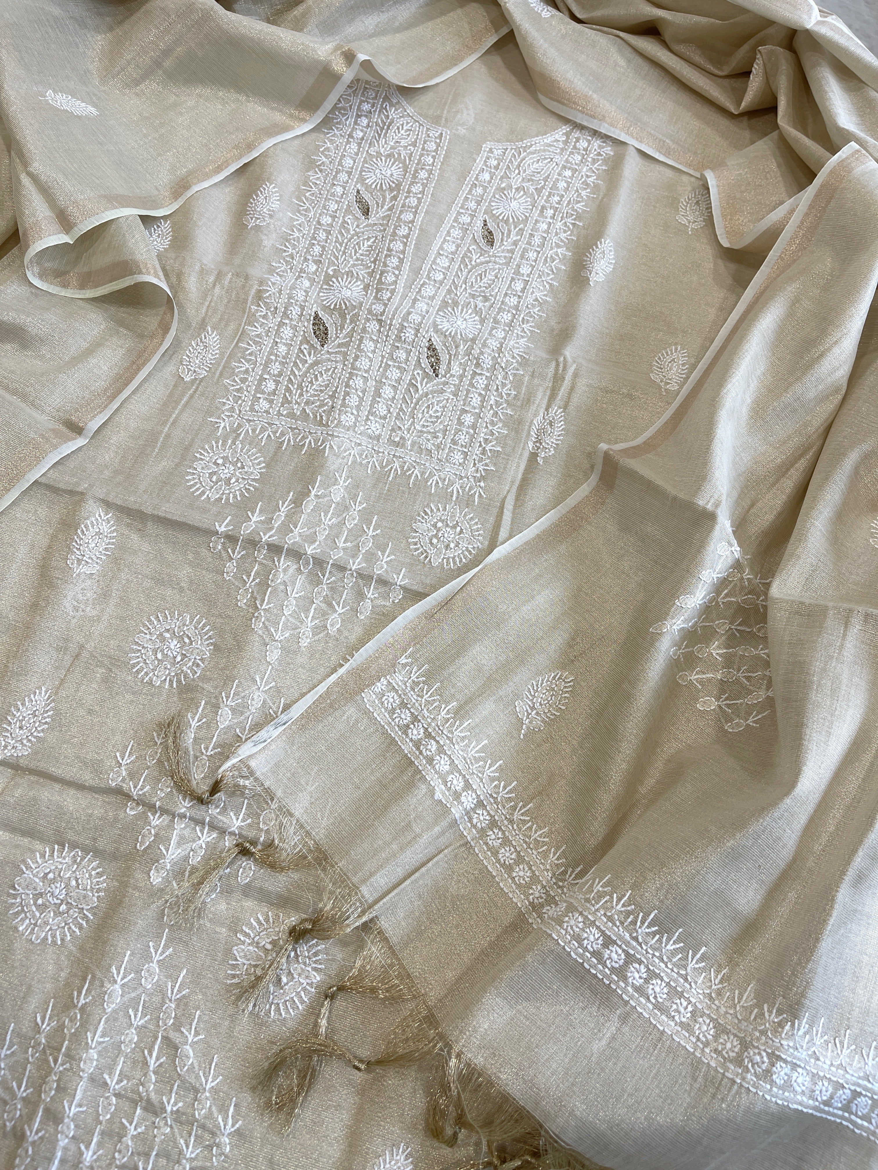 Gold Suit Set with Lucknowi Handwork in Tissue Chanderi - Masakalee