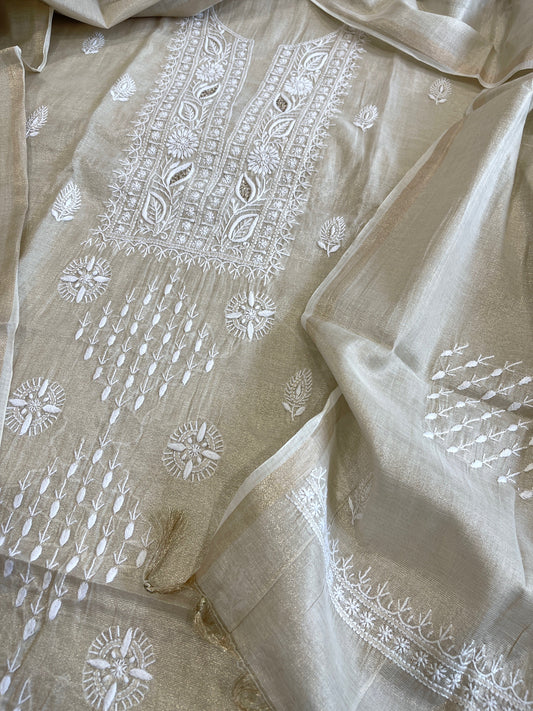 Gold Suit Set with Lucknowi Handwork in Tissue Chanderi - Masakalee