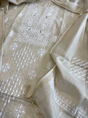Gold Suit Set with Lucknowi Handwork in Tissue Chanderi - Masakalee