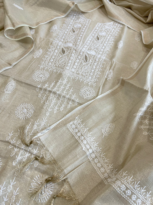 Gold Suit Set with Lucknowi Handwork in Tissue Chanderi - Masakalee