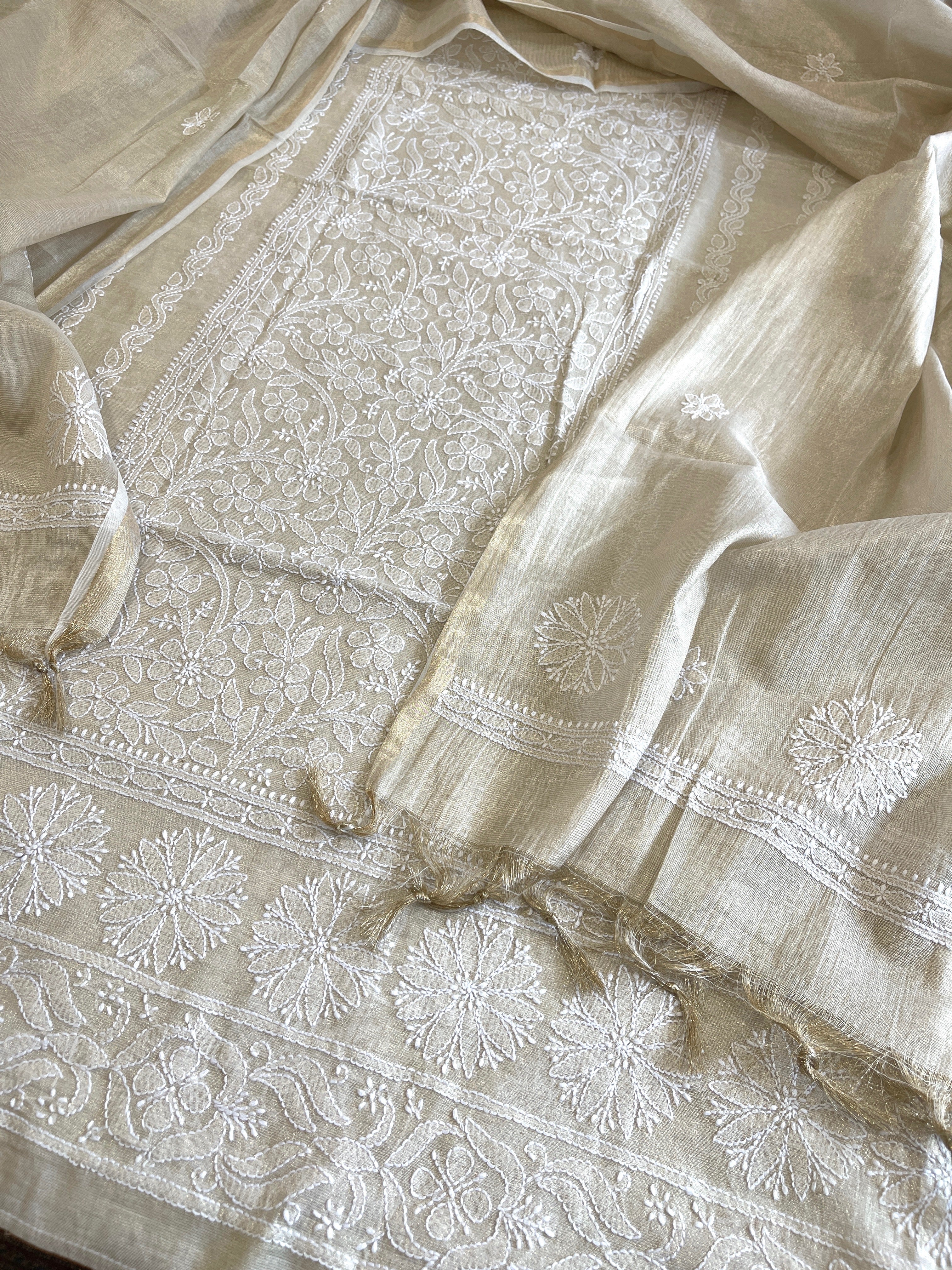 Gold Suit Set with Lucknowi Handwork in Tissue Chanderi - Masakalee