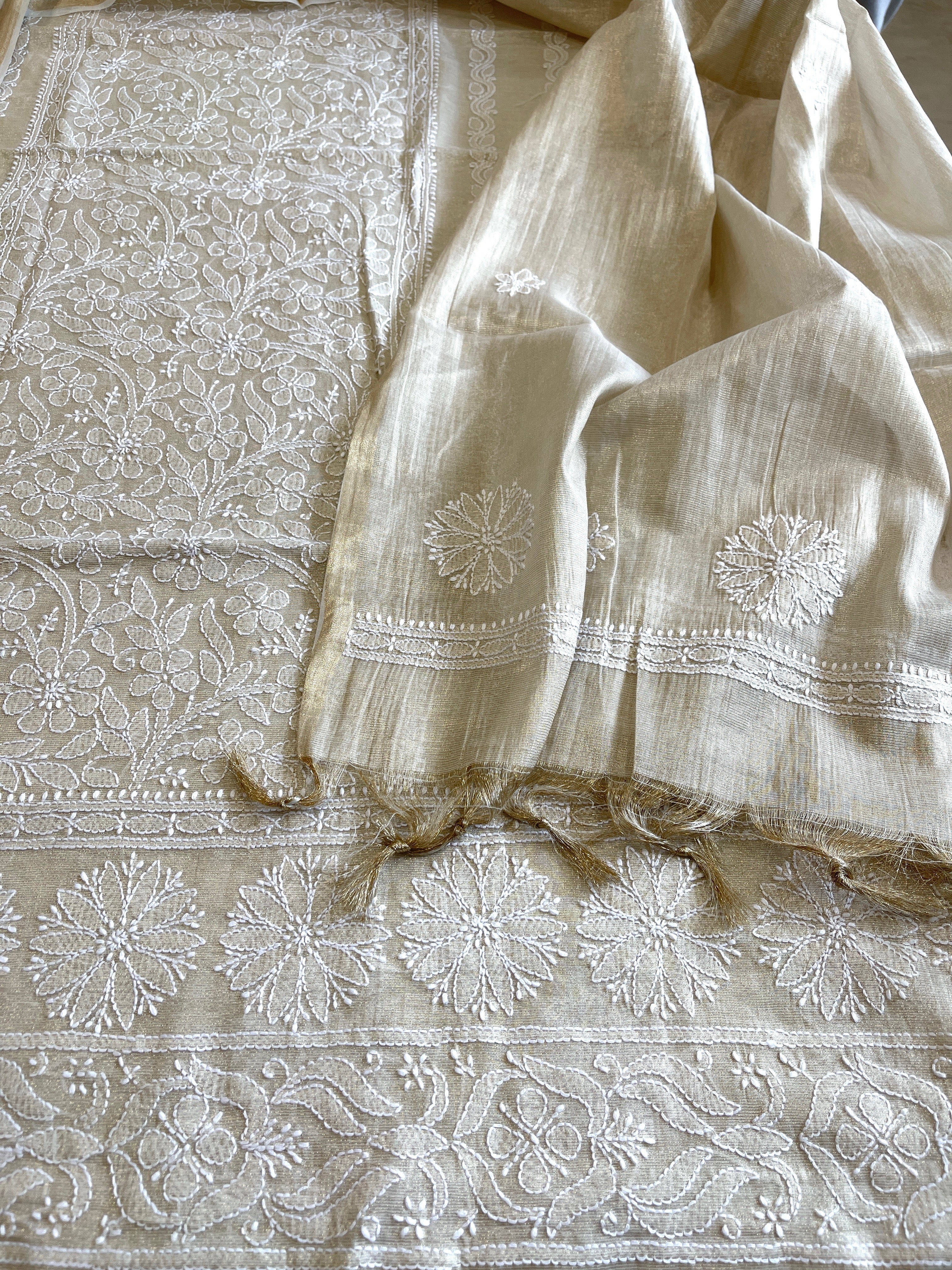 Gold Suit Set with Lucknowi Handwork in Tissue Chanderi - Masakalee