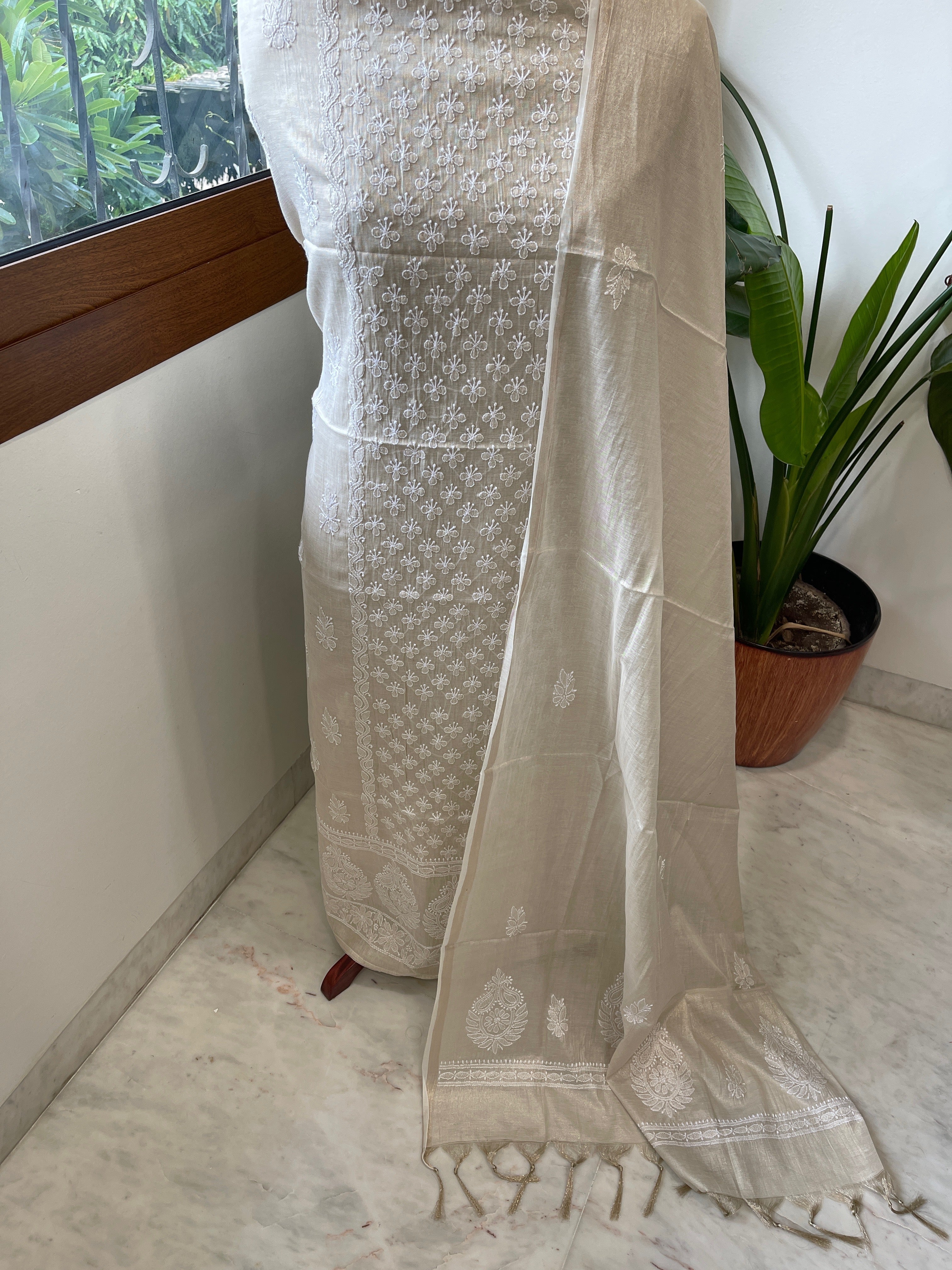Gold Suit Set with Lucknowi Handwork in Tissue Chanderi - Masakalee