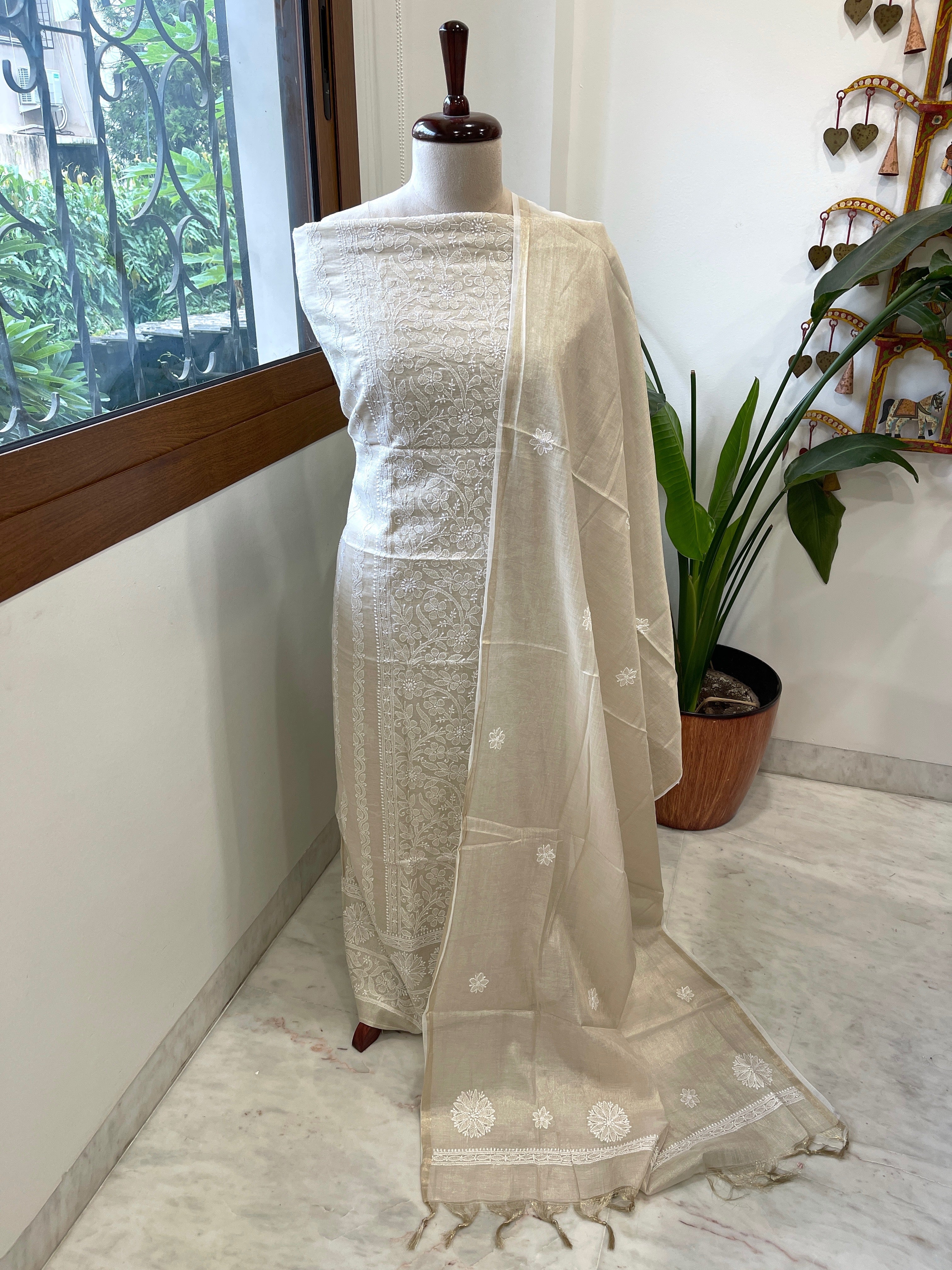 Gold Suit Set with Lucknowi Handwork in Tissue Chanderi - Masakalee
