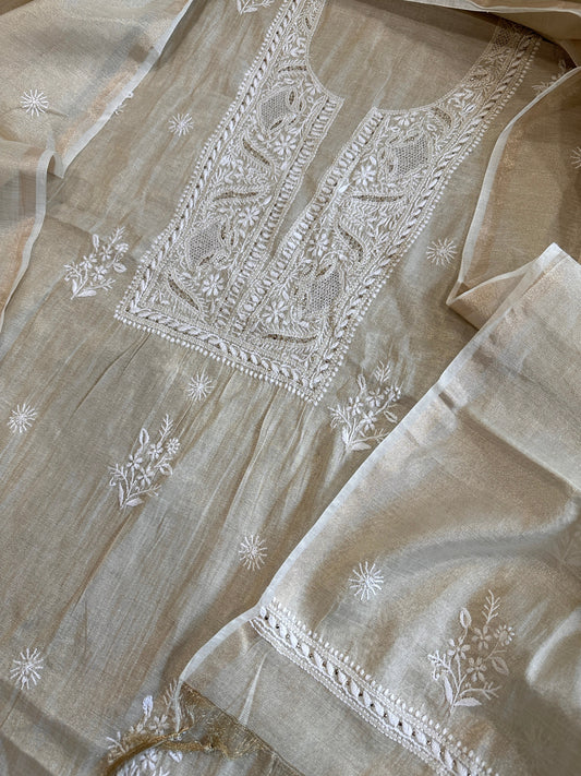 Gold Suit Set with Lucknowi Handwork in Tissue Chanderi - Masakalee