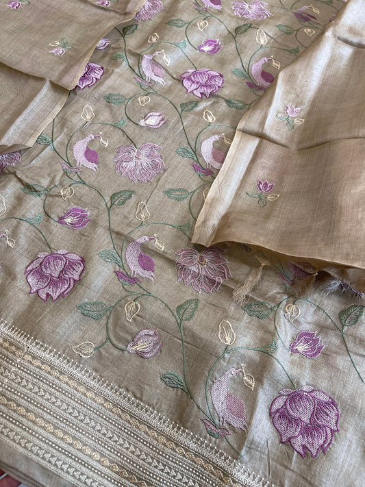 Gold Suit Set with Thread Embroidery in Pure Tussar Silk - Masakalee