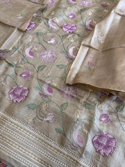 Gold Suit Set with Thread Embroidery in Pure Tussar Silk - Masakalee