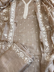 Gold Suit Set with Thread Embroidery in Pure Tussar Silk - Masakalee