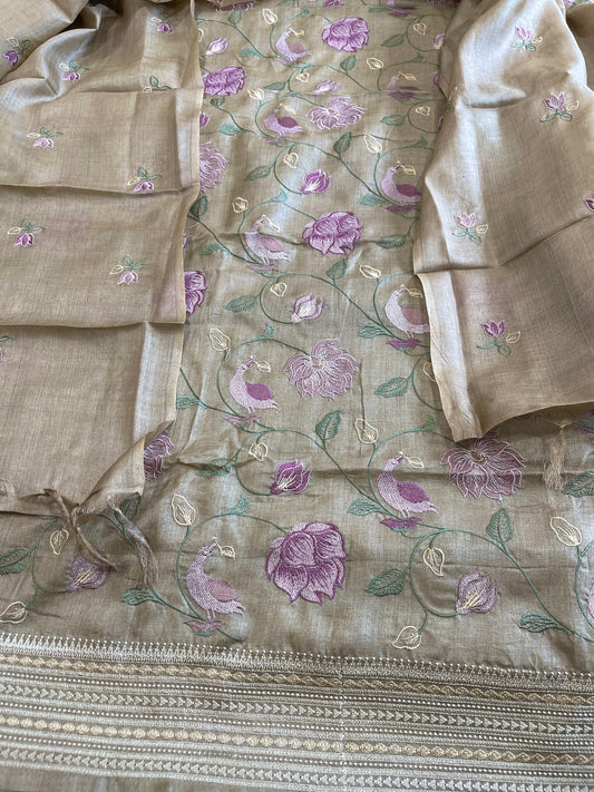 Gold Suit Set with Thread Embroidery in Pure Tussar Silk - Masakalee