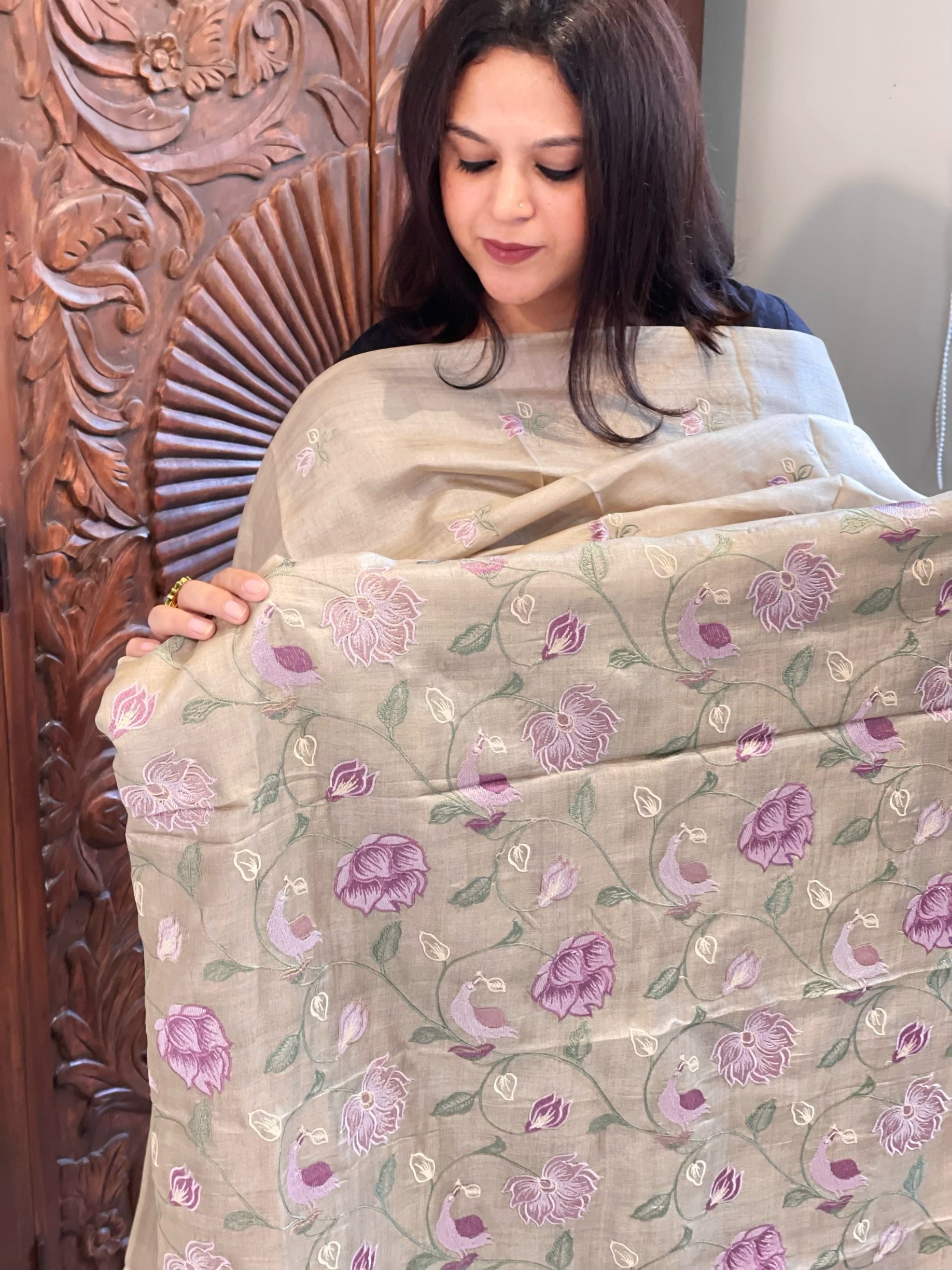 Gold Suit Set with Thread Embroidery in Pure Tussar Silk - Masakalee