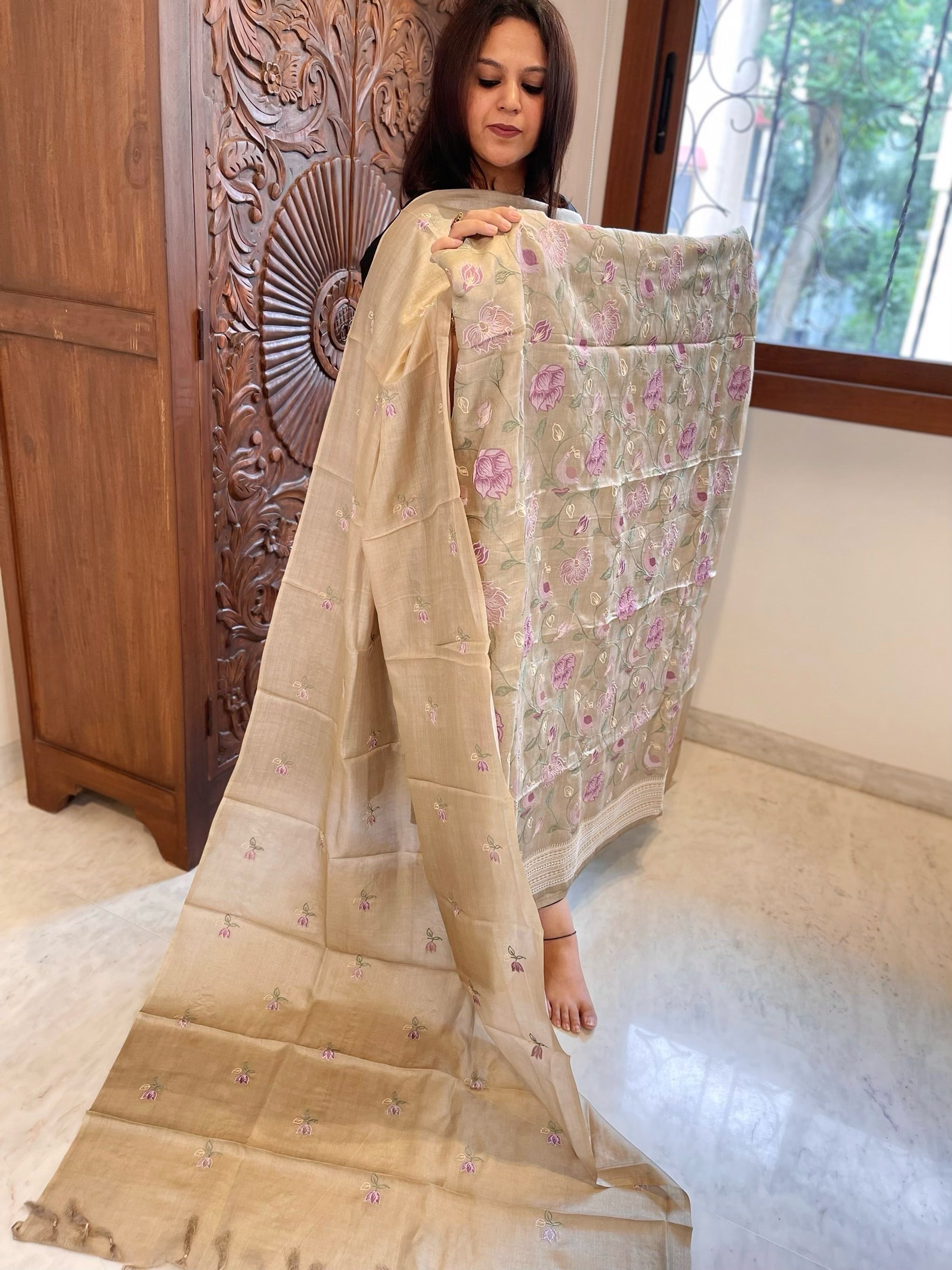 Gold Suit Set with Thread Embroidery in Pure Tussar Silk - Masakalee