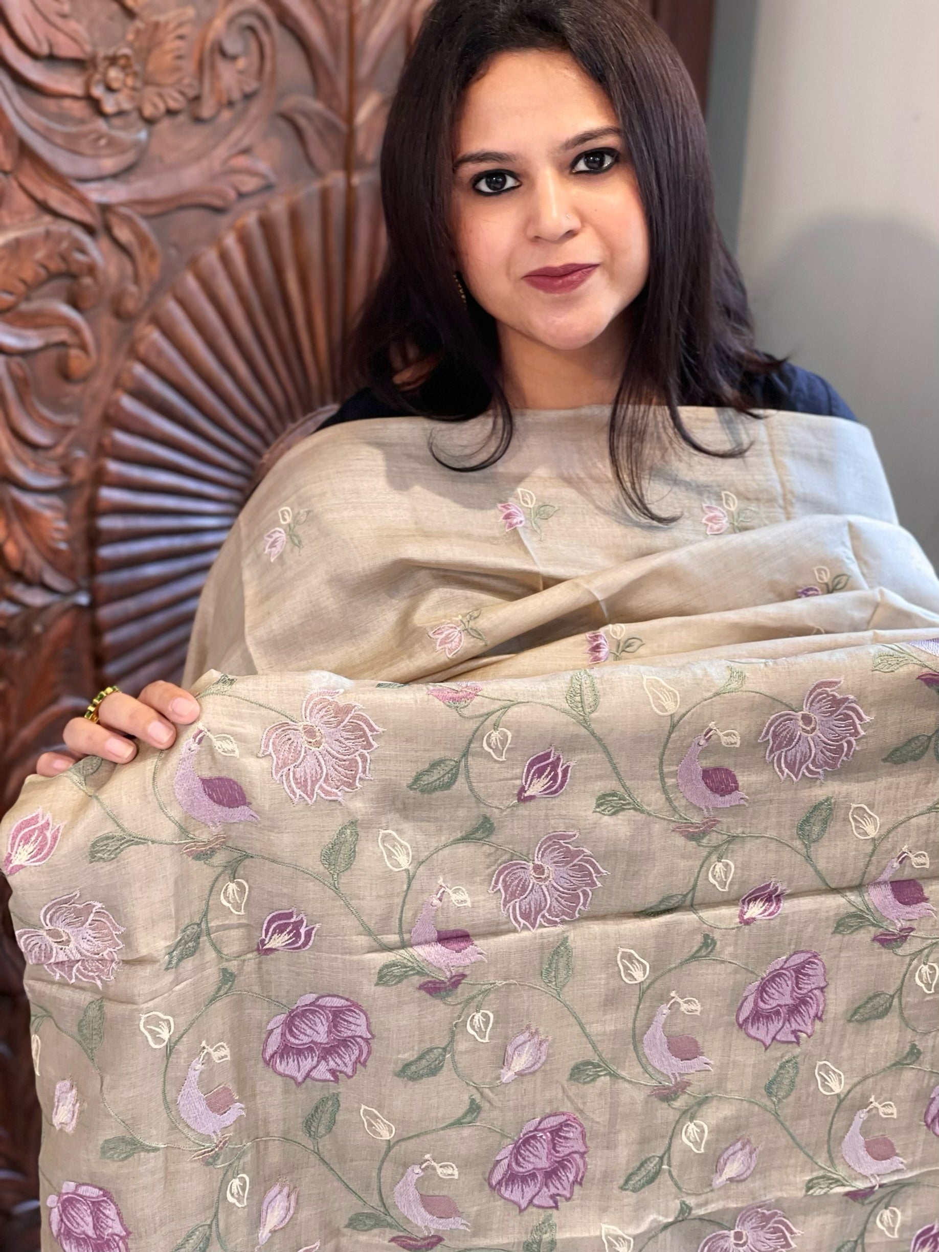 Gold Suit Set with Thread Embroidery in Pure Tussar Silk - Masakalee