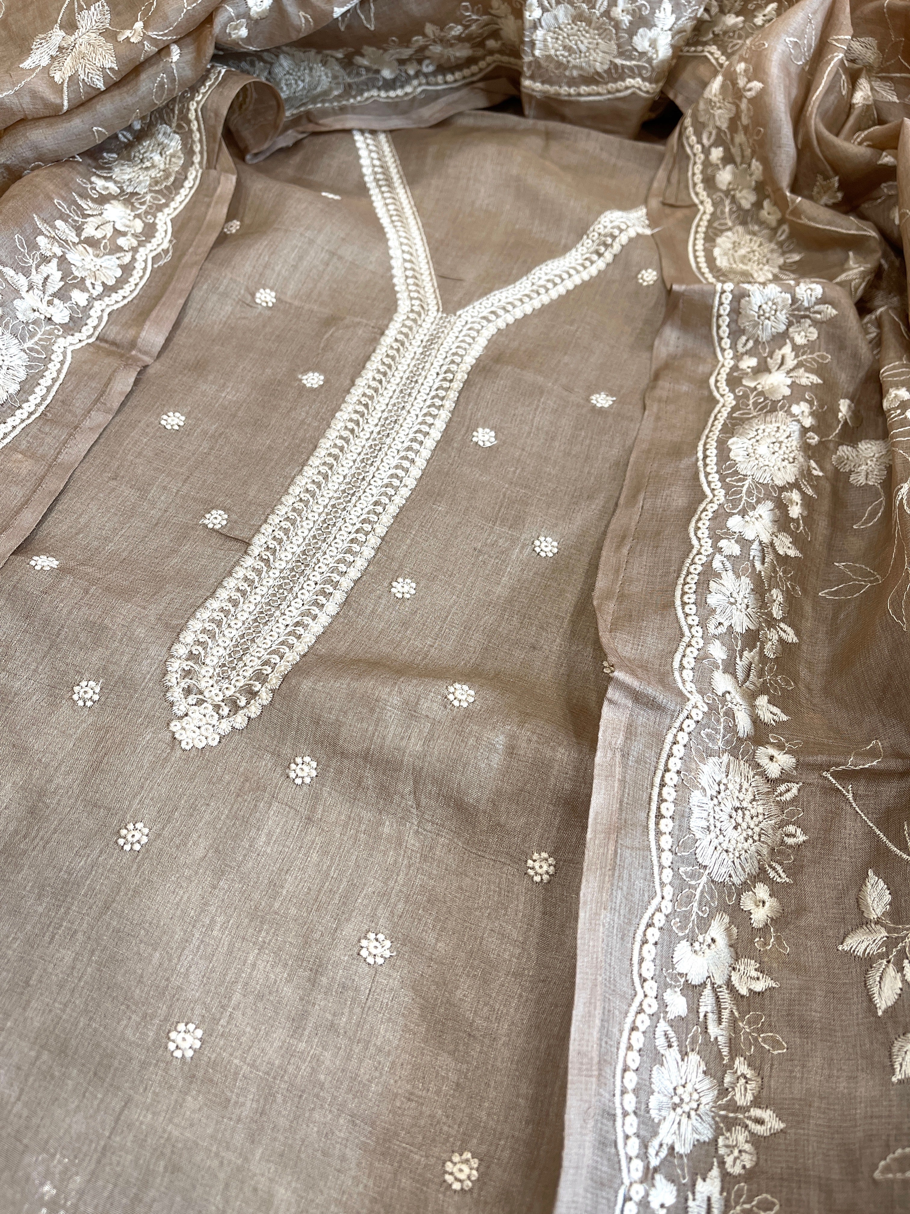 Gold Suit Set with Thread Embroidery in Pure Tussar Silk - Masakalee