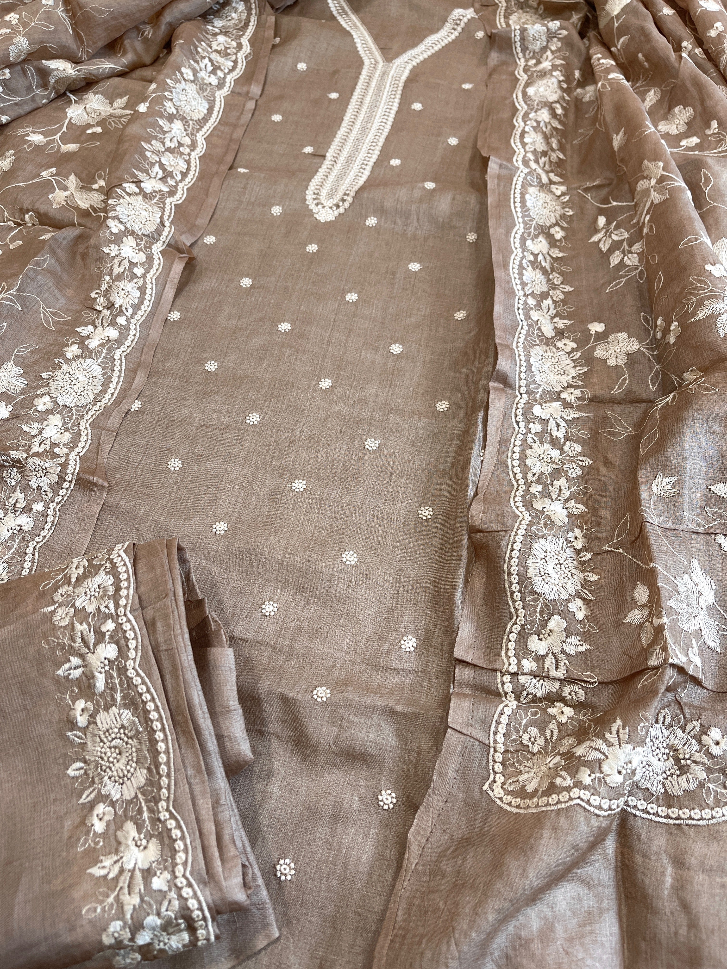 Gold Suit Set with Thread Embroidery in Pure Tussar Silk - Masakalee