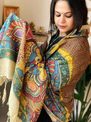 Golden Brown Rai Bandhej Dupatta with Handpainted Kalamkari Pallu in Pure Muga Silk - Masakalee