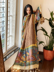 Golden Brown Rai Bandhej Dupatta with Handpainted Kalamkari Pallu in Pure Muga Silk - Masakalee