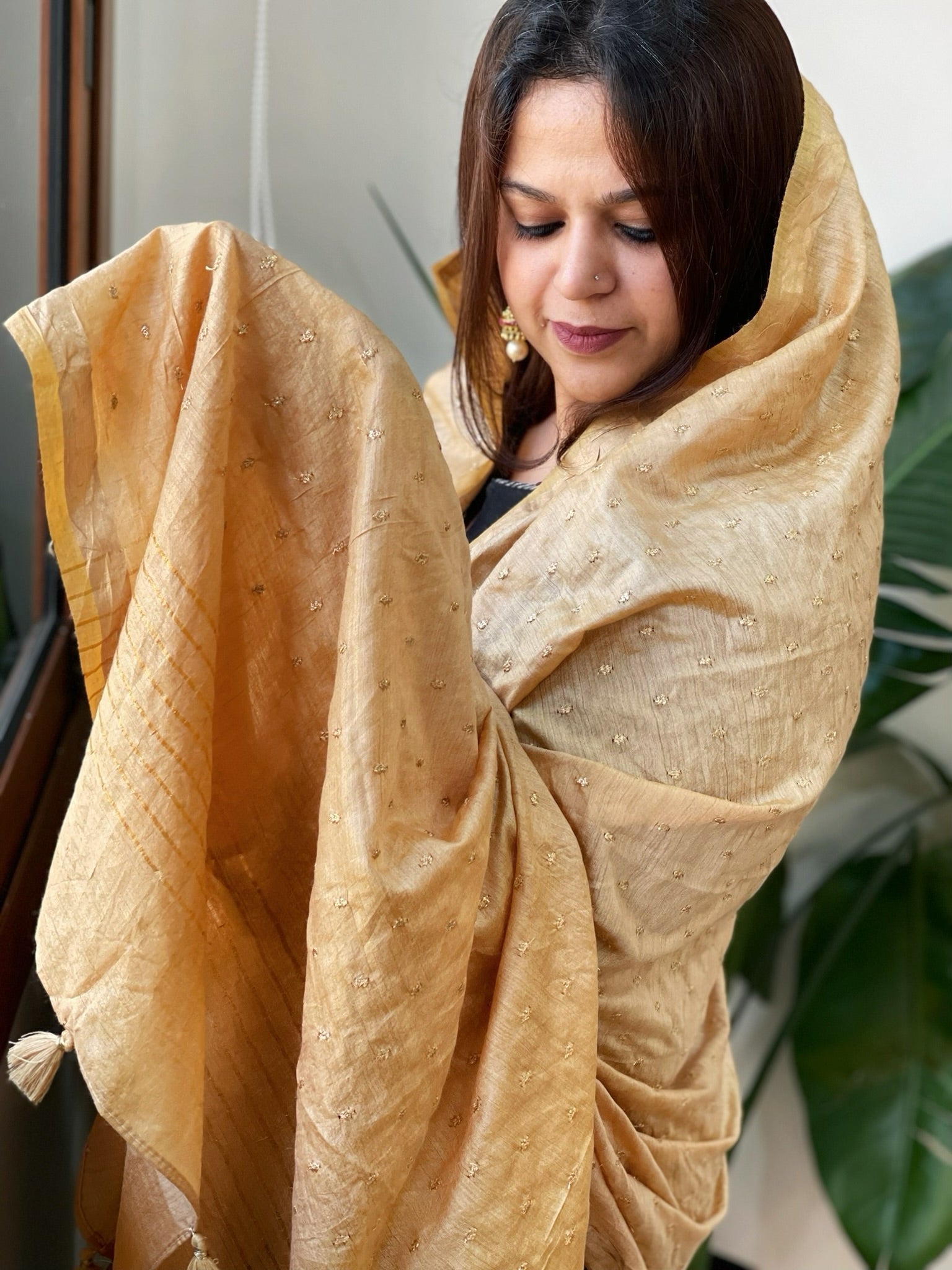 Golden Handwoven Muga Silk dupattas with Hand Embroidery - Masakalee