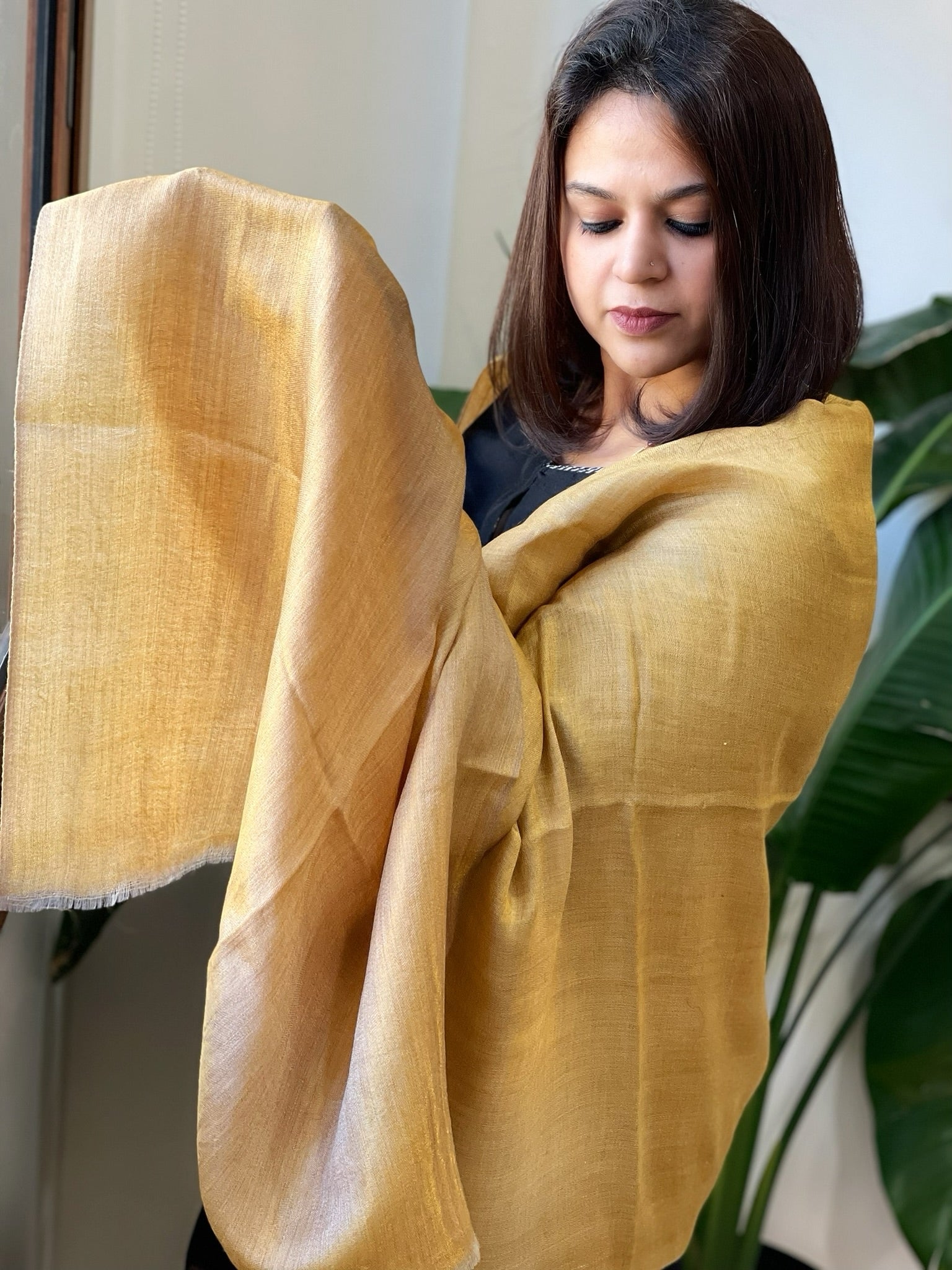 Goldenish Mustard Pashmina Stole with Zari - Masakalee