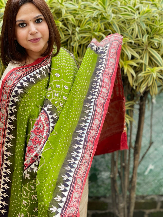 Green Bandhani, Ajrakh Dupatta with Gotapatti Handwork in Gajji Silk - Masakalee