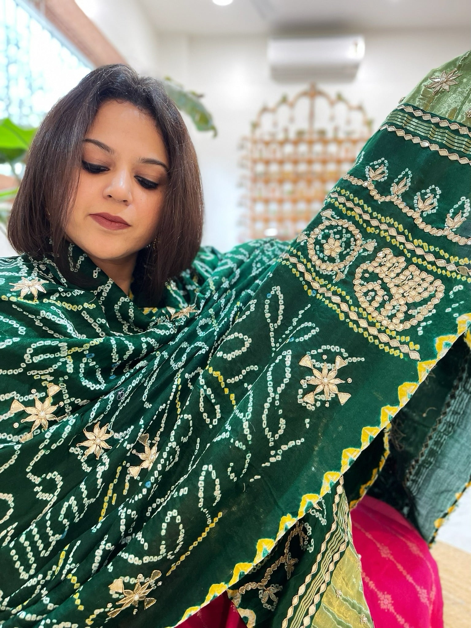 Green Bandhani Dupatta with Gotapatti Handwork in Pure Silk - Masakalee