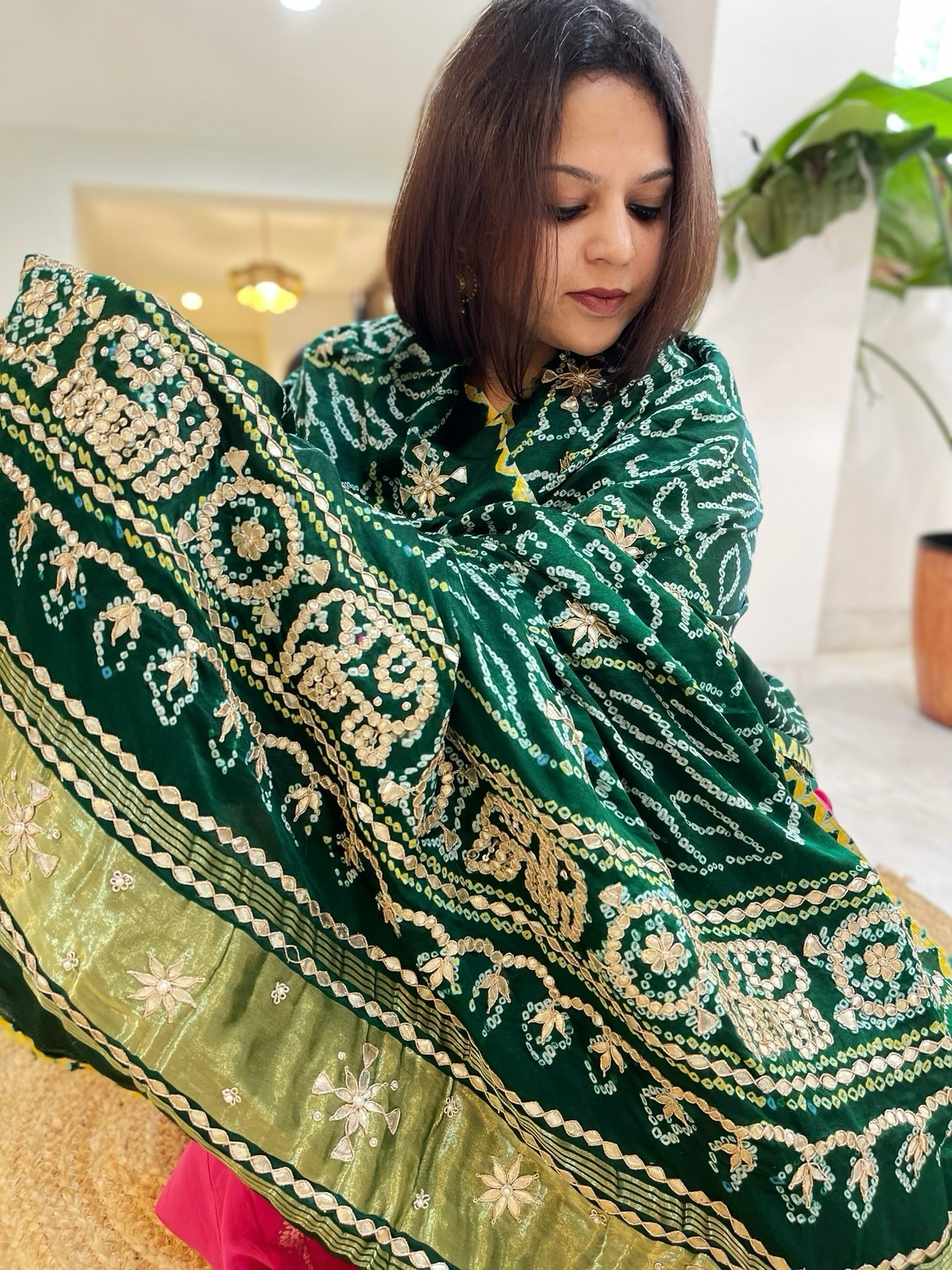 Green Bandhani Dupatta with Gotapatti Handwork in Pure Silk - Masakalee