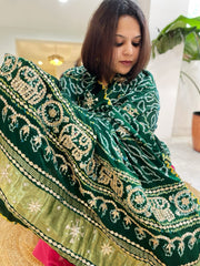 Green Bandhani Dupatta with Gotapatti Handwork in Pure Silk - Masakalee