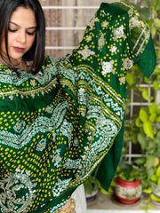 Green Bandhani Dupatta with Gotapatti Handwork in Pure Silk - Masakalee