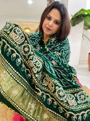 Green Bandhani Dupatta with Gotapatti Handwork in Pure Silk - Masakalee