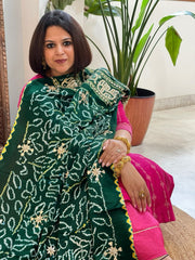 Green Bandhani Dupatta with Gotapatti Handwork in Pure Silk - Masakalee