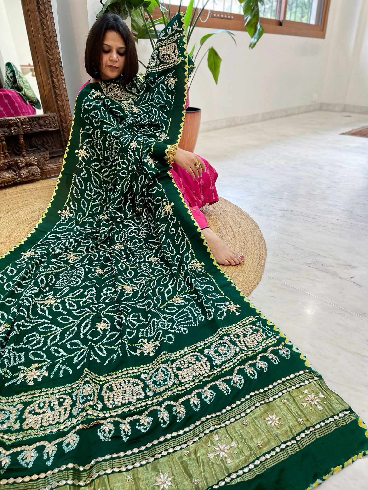 Green Bandhani Dupatta with Gotapatti Handwork in Pure Silk - Masakalee