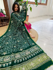 Green Bandhani Dupatta with Gotapatti Handwork in Pure Silk - Masakalee