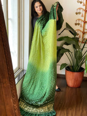 Green Bandhani Dupatta with Zari Pallu in Modal Silk - Masakalee