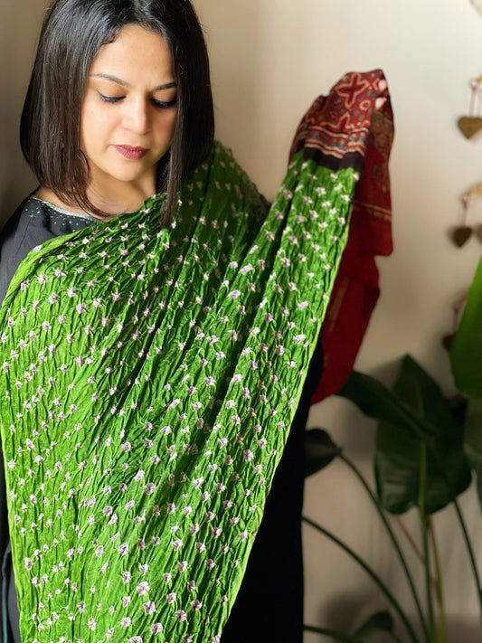 Green Bandhani with Ajrakh Dupatta in Modal Silk - Masakalee
