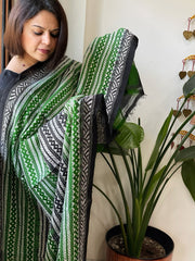 Green, Black Handmade Kantha Dupatta in Silk - Masakalee
