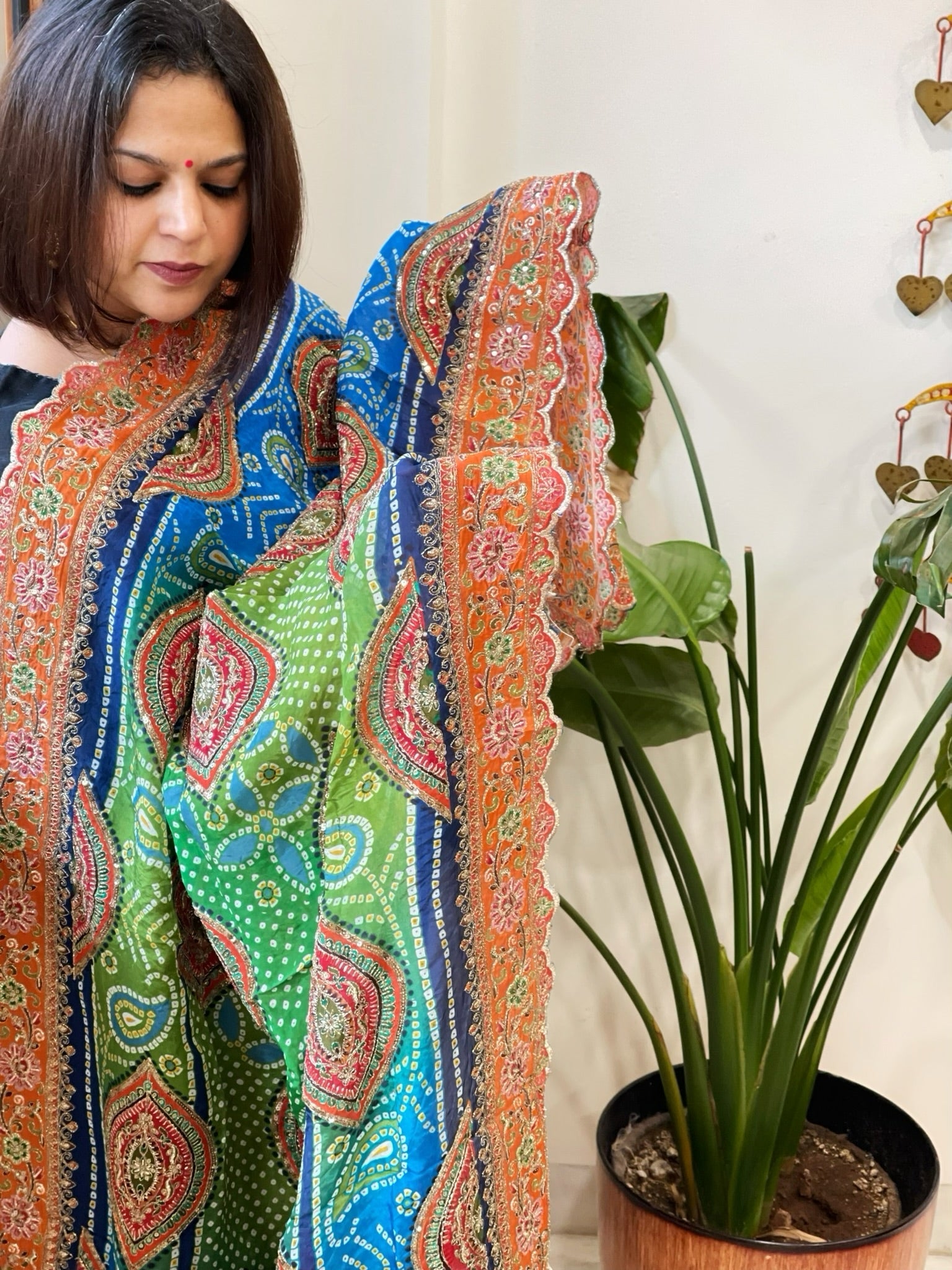 Green, Blue Chinon Dupatta with Aari Embroidery - Masakalee