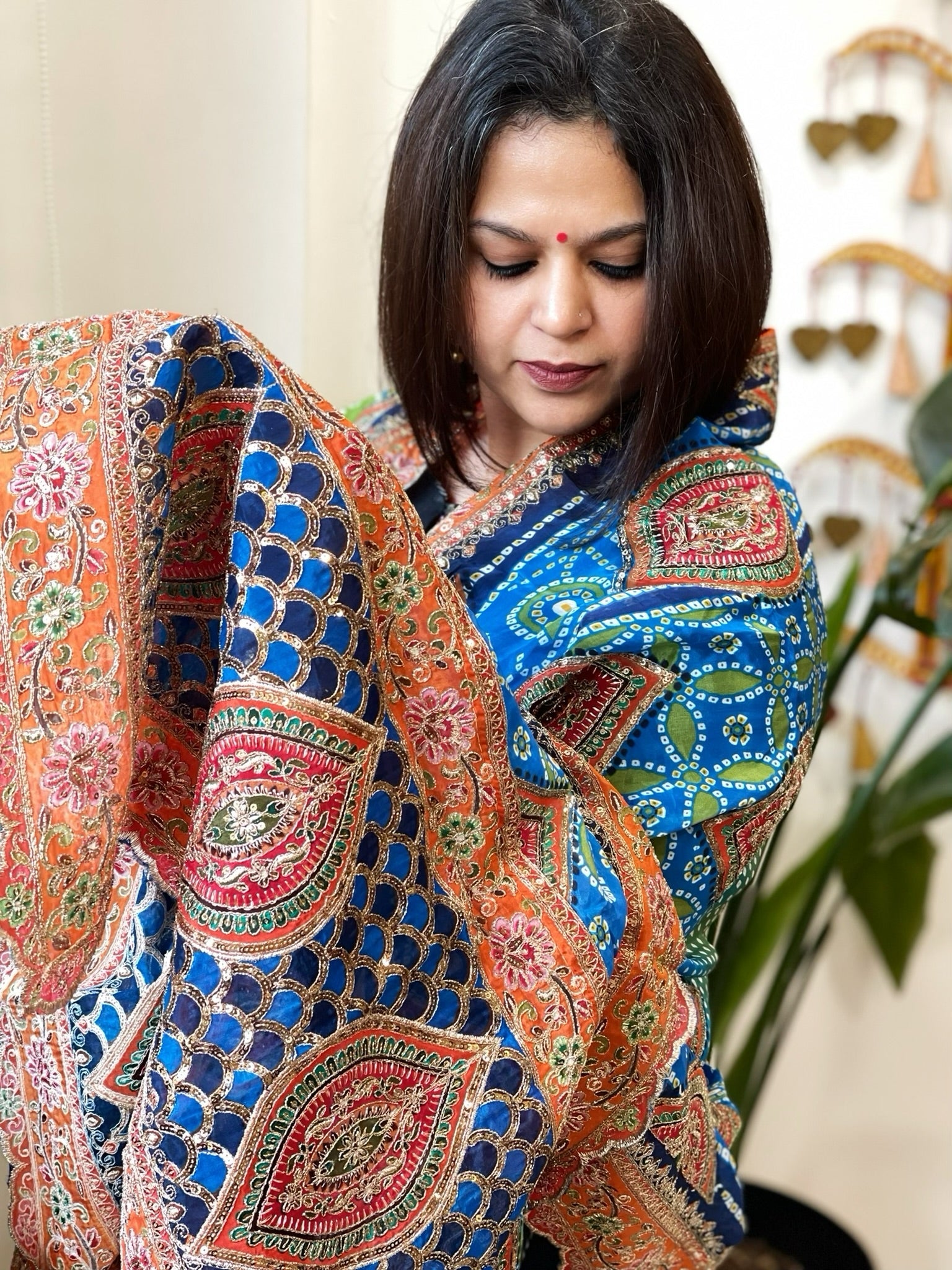 Green, Blue Chinon Dupatta with Aari Embroidery - Masakalee