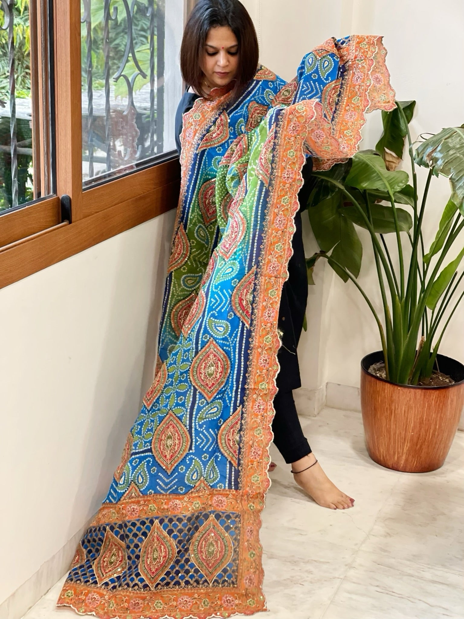 Green, Blue Chinon Dupatta with Aari Embroidery - Masakalee