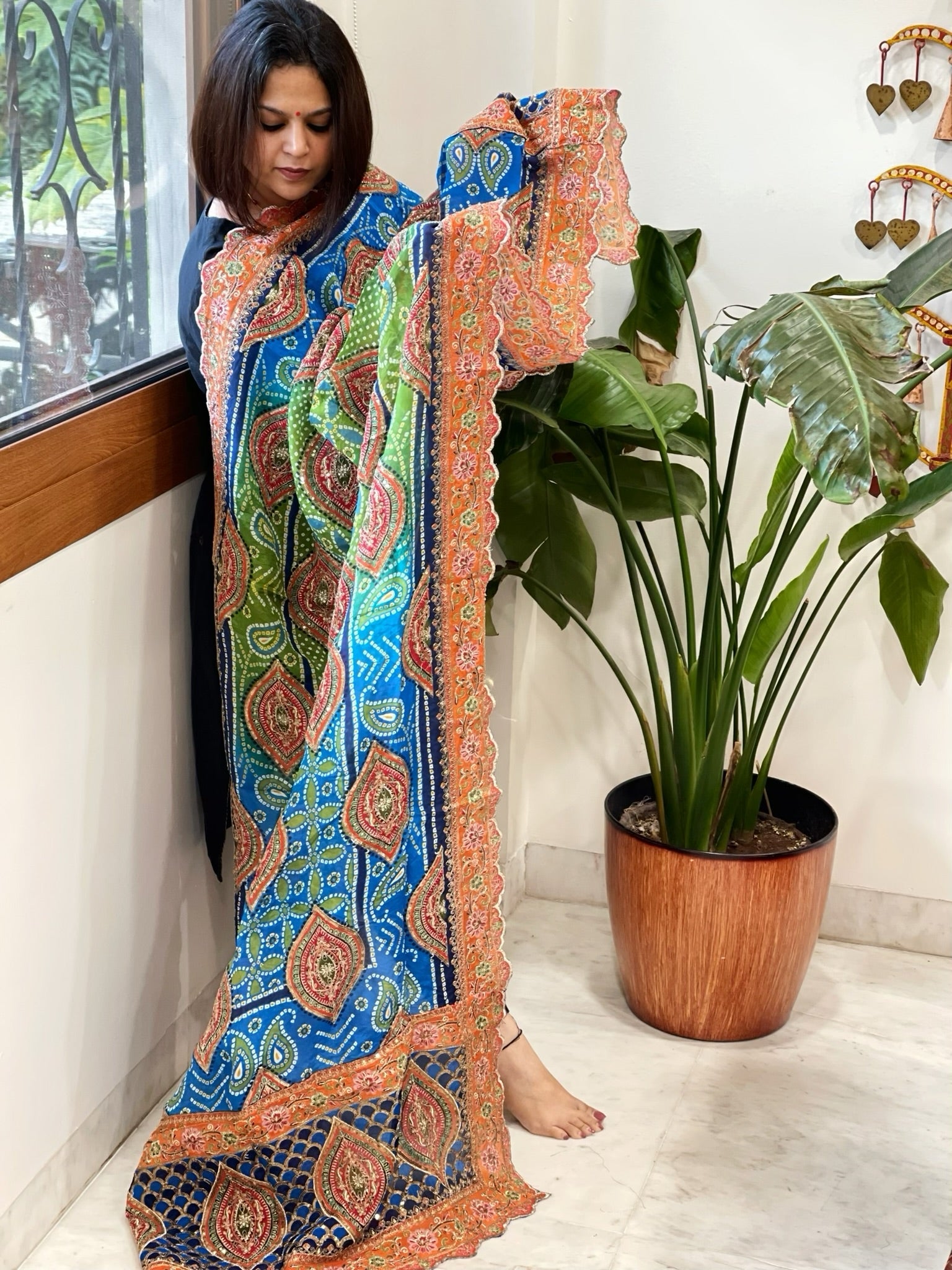 Green, Blue Chinon Dupatta with Aari Embroidery - Masakalee