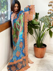 Green, Blue Chinon Dupatta with Aari Embroidery - Masakalee