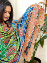 Green, Blue Chinon Dupatta with Aari Embroidery - Masakalee