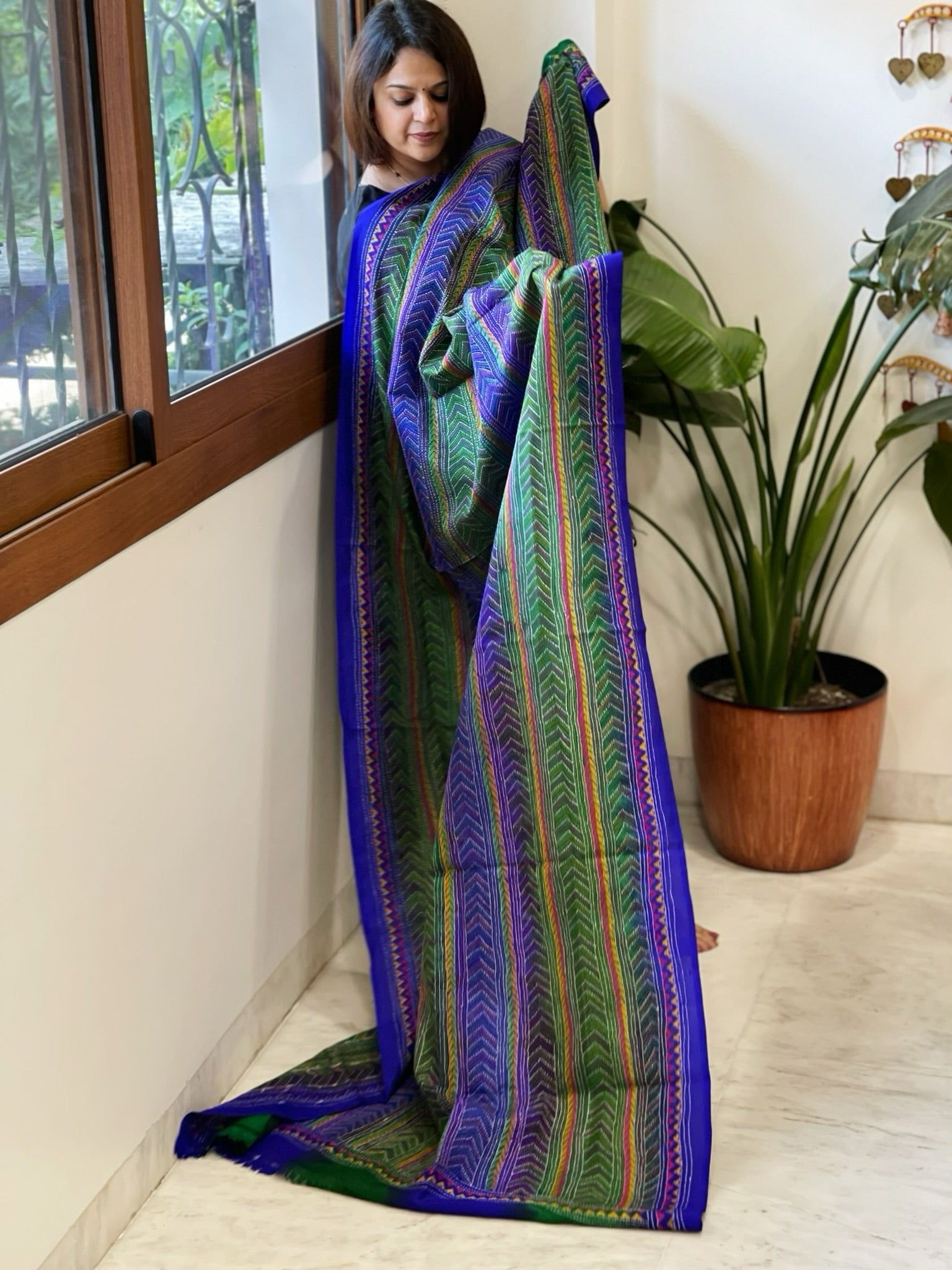 Green, Blue Handmade Kantha Dupatta in Silk - Masakalee
