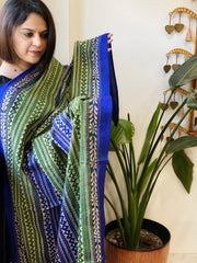 Green, Blue Handmade Kantha Dupatta in Silk - Masakalee