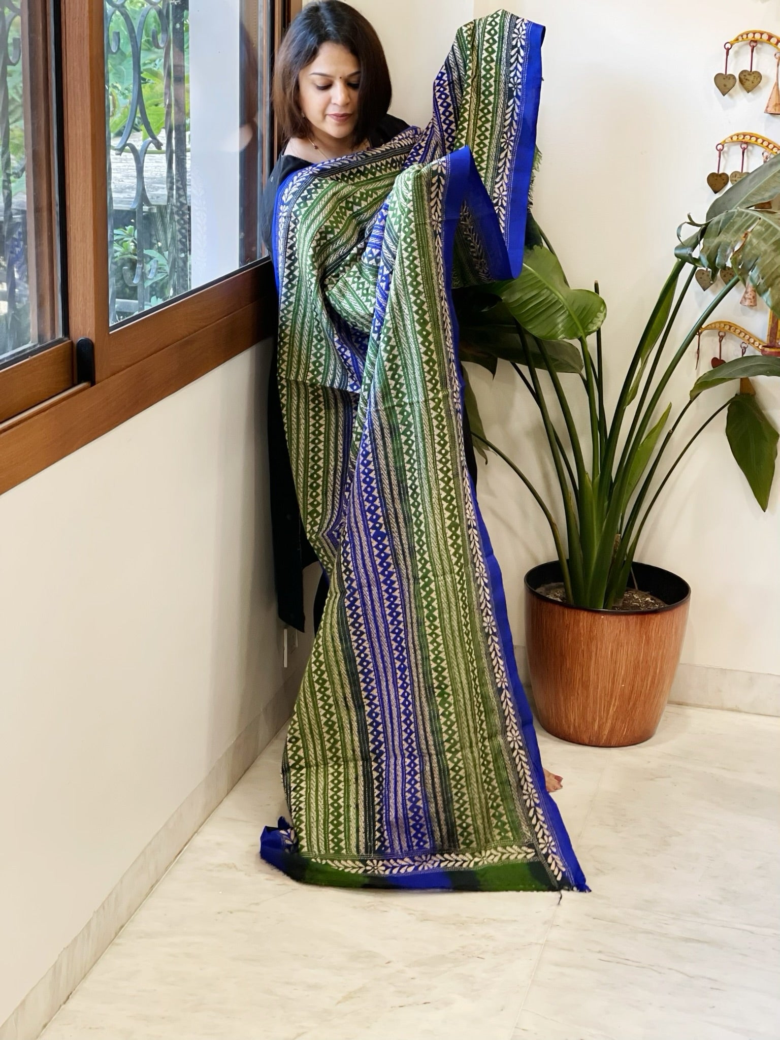 Green, Blue Handmade Kantha Dupatta in Silk - Masakalee