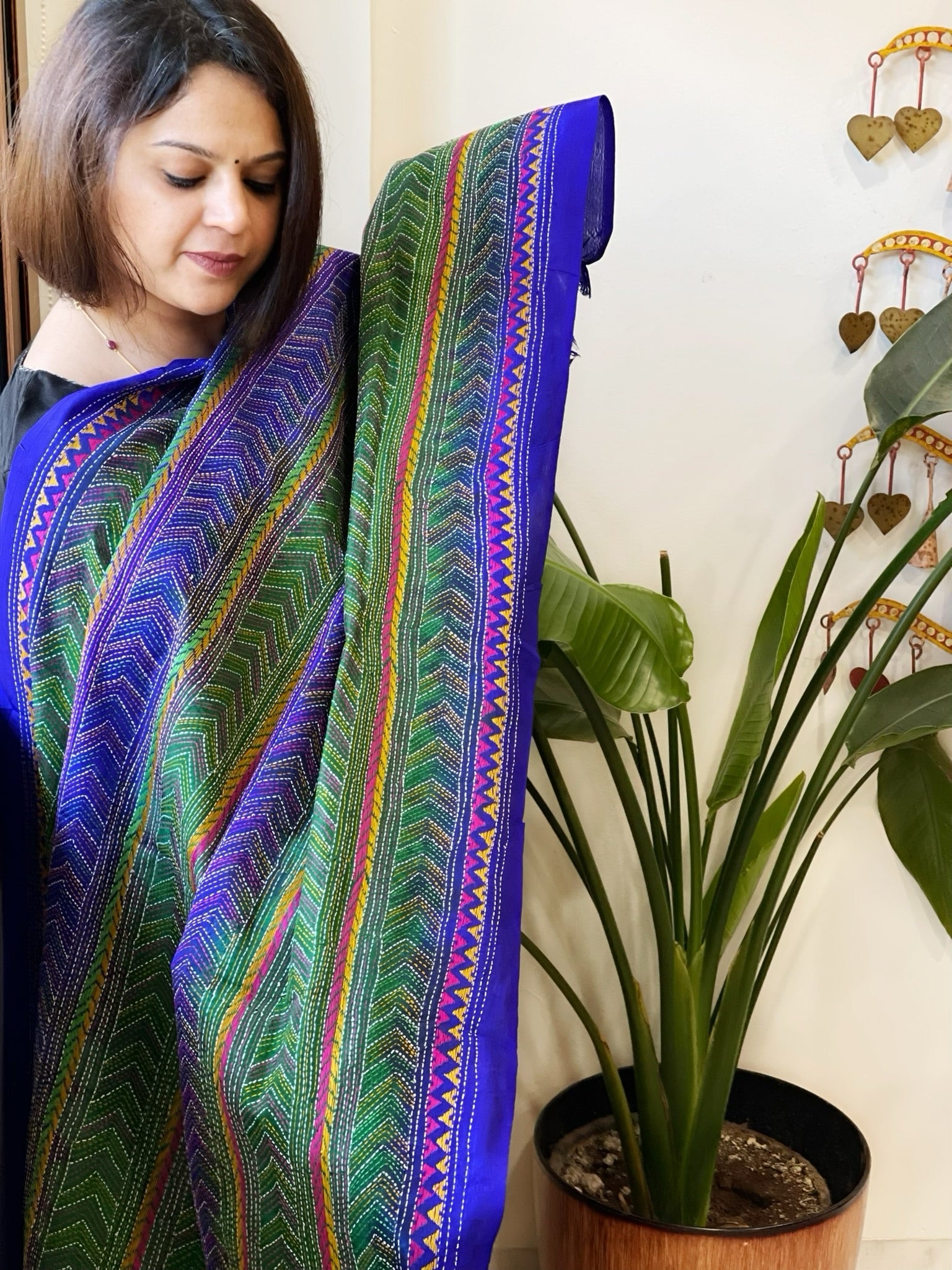 Green, Blue Handmade Kantha Dupatta in Silk - Masakalee