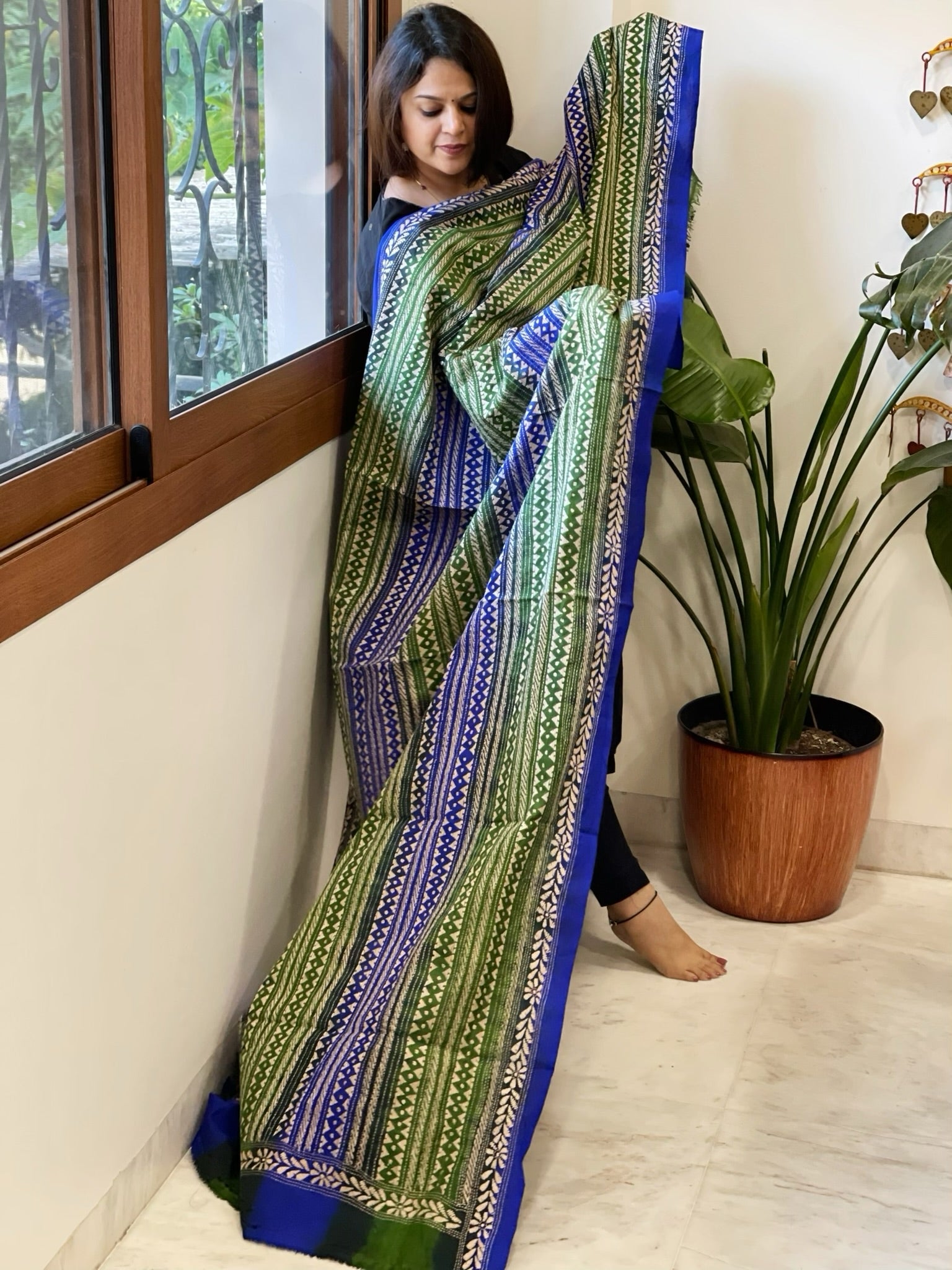 Green, Blue Handmade Kantha Dupatta in Silk - Masakalee