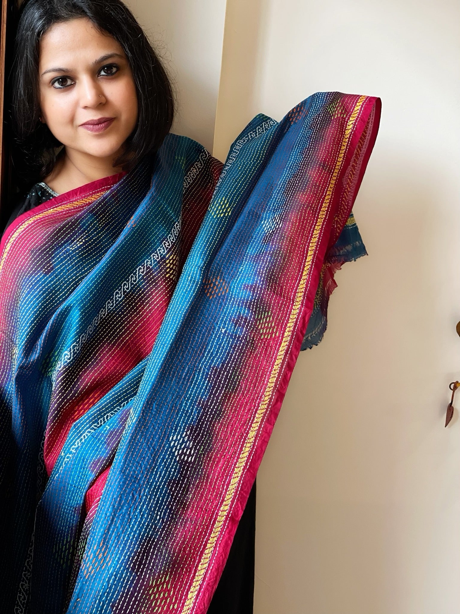 Green, Blue Handmade Kantha Dupatta in Silk - Masakalee