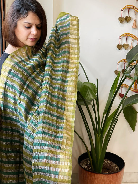 Green, Blue Handwoven Chanderi Tissue Dupatta - Masakalee