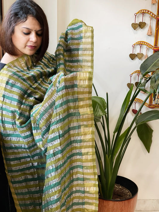 Green, Blue Handwoven Chanderi Tissue Dupatta - Masakalee